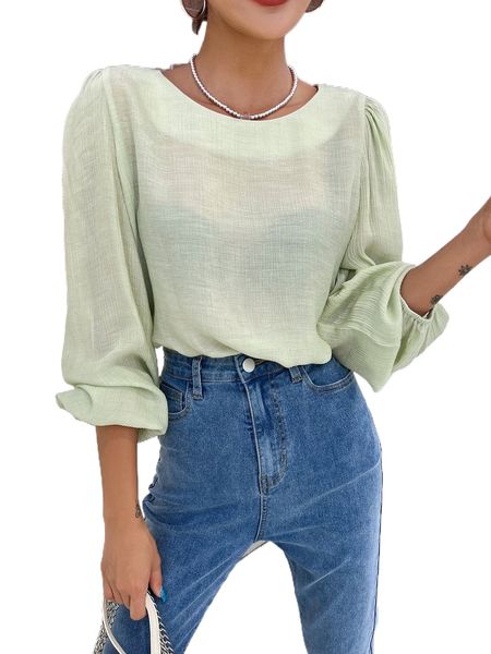 

dazy solid lantern sleeve blouse o6li#, White