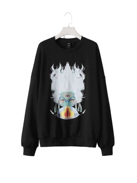 

x stayhella cartoon graphic bishop sleeve sweatshirt r6dz#, Black
