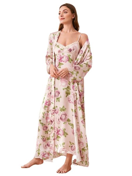 

floral print open front robe without cami dress s8ti#, Black;red