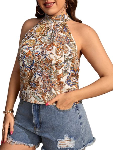 

plus paisley print tie back halter m07p#, Black