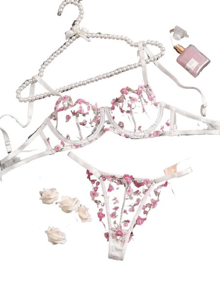 

floral embroidery mesh lingerie set g2gc#, Black;red