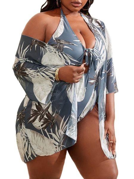 

plus tropical print one piece swimsuit with kimono n6ox#, White;black