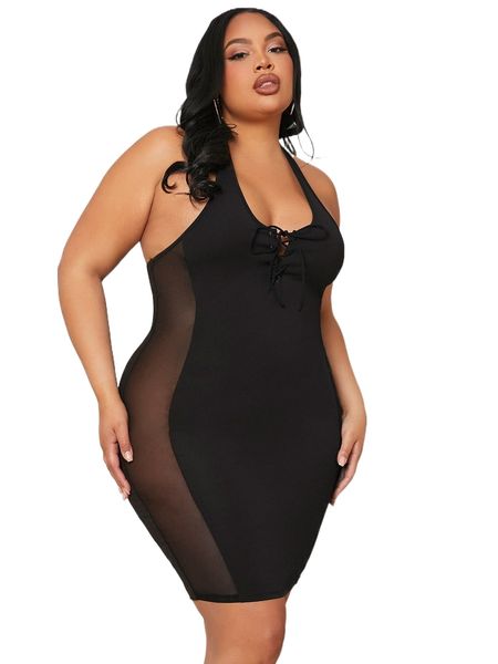 

sxy plus grommet lace up mesh insert halter neck bodycon dress q8ko#, Black