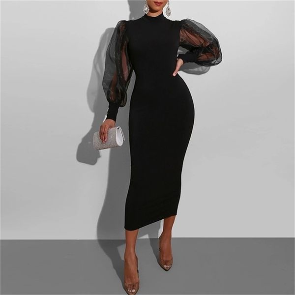 

mesh puff long sleeve bodycon midi dress women high neck clubwear split pencil black slim women's party dress robe 220331, White;black