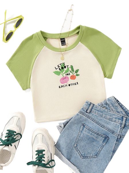 

cartoon and slogan graphic raglan sleeve crop tee w7kx#, White
