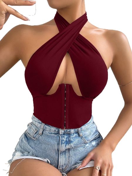 

sxy cut out wrap cross hook and eye backless halter a0uk#, White