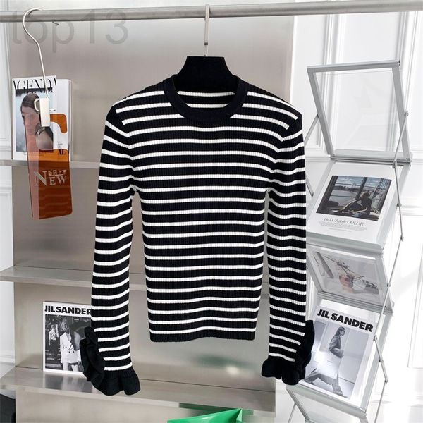 

women's knits & tees designer moc * home black and white stripe contrast color round neck sweater ruffle cuff long sleeve bottomed slim