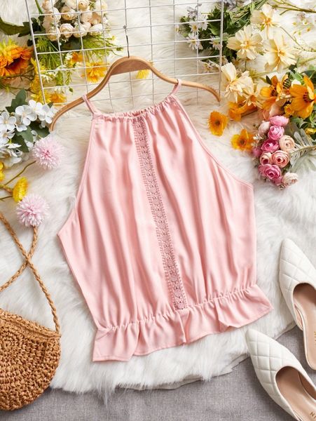 

guipure lace insert ruffle hem halter m2e7#, White