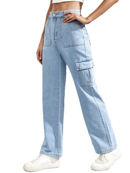 

high waist cargo jeans l02t#, Blue