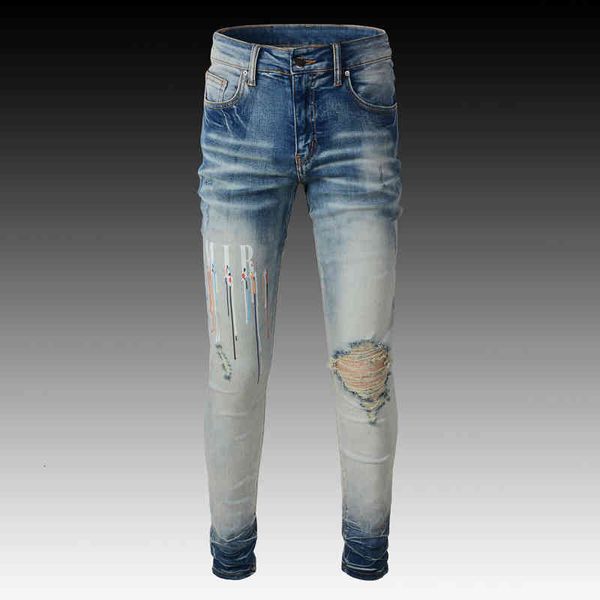 

men's jeans high street fashion brand light color printed pierced jeans men's elastic slim fit legged fashionable pants 6yf3, Blue