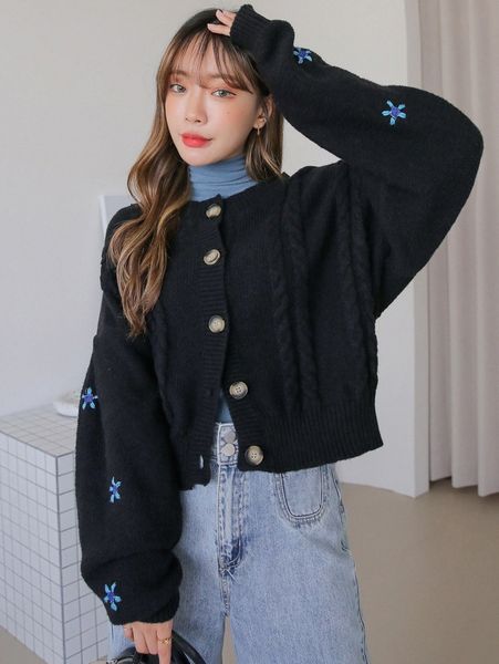 

dazy floral embroidery drop shoulder cardigan 01ie#, White;black