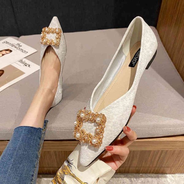 

sandals autumn korean version pointed women's shallow mouth single shoes evening wind flat heel pearl buckle wedding dress 31l5, Black
