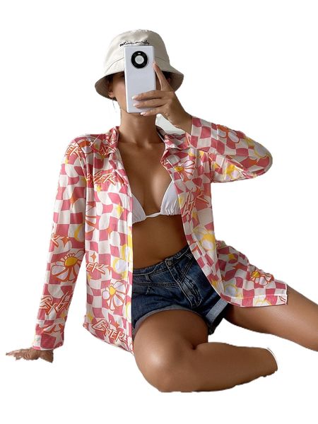 

random floral & geo print kimono c1kj#, White;black