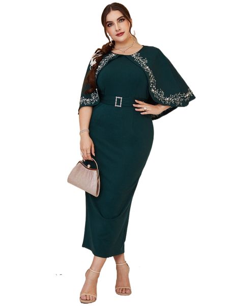 

plus floral embroidery split back cape sleeve belted bodycon dress u4ar#, Black