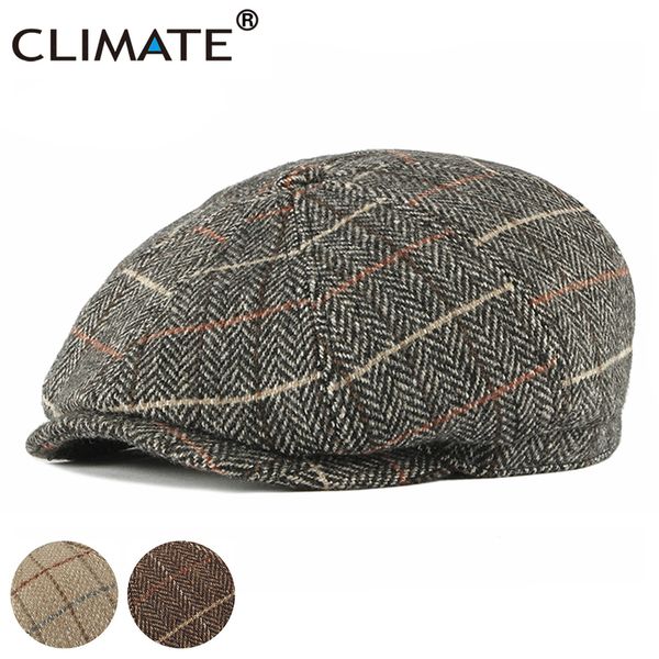 

climate vintage men winter beret cap warm thicken plaid flat cap woolen grid newsboy painter style hat, Blue;gray