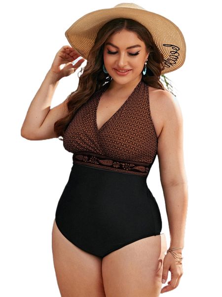 

plus color block paisley print one piece swimsuit i0cj#, White;black