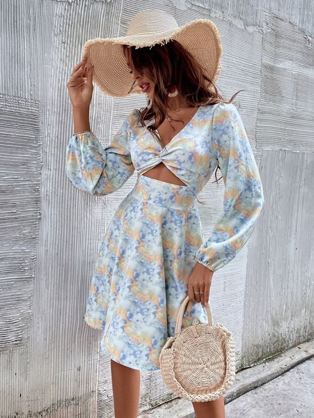 

twist cut out front tie dye dress k5q0#, Black;gray