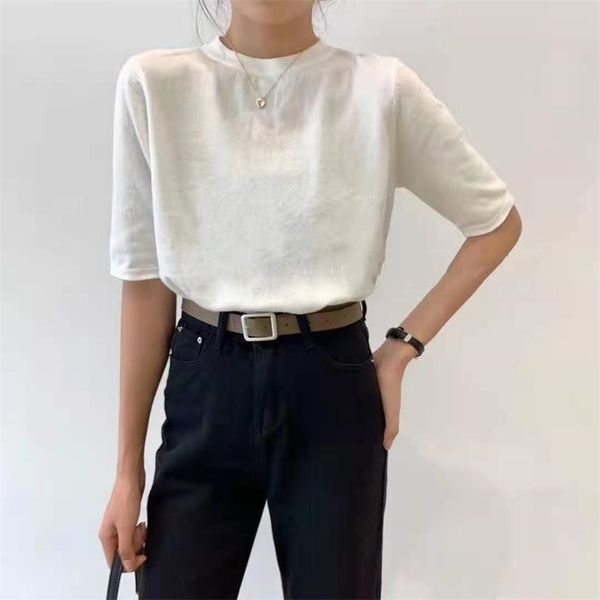 

spring core-spun yarn temperament round neck short-sleeved knit sweater with sweater slim slimming blouse female jxmyy 210412, White