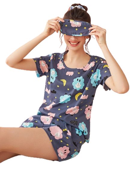 

cartoon graphic pj set with eye mask d07l#, Black;red