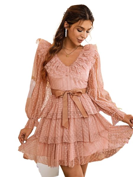 

simplee flounce sleeve belted dobby layered hem dress x6ed#, Black;gray