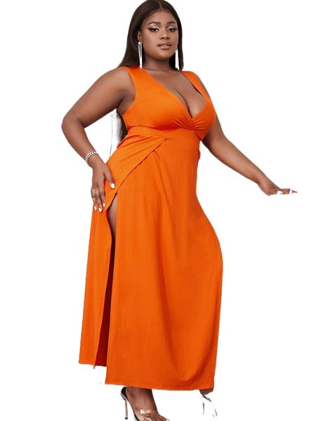 

sxy plus double v neck m-slit hem dress z2jk#, Black