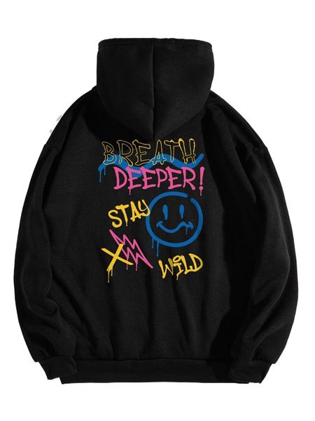 

letter & expression print kangaroo pocket drawstring thermal hoodie n3l2#, Black