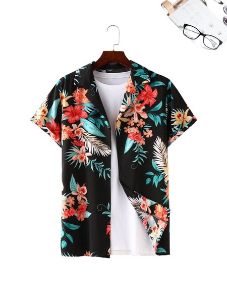 

men 1pc random tropical print shirt d9te#, White;black