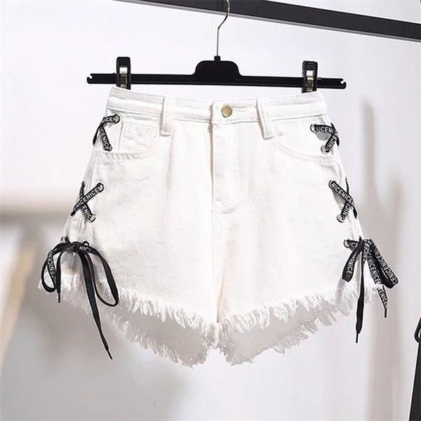 

gaoke summer women denim shorts 2021 new black high waist ripped short jeans femmen side lace up bandage shorts new 210306, White;black