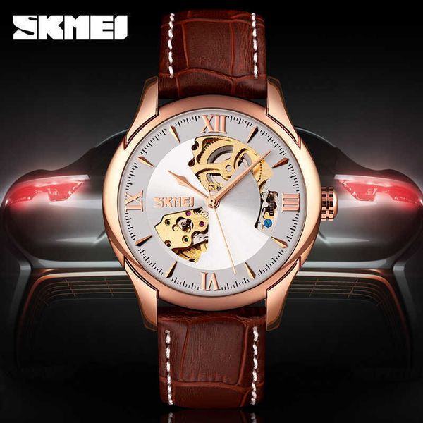 

men's skmei brand automatic mechanical watch hollowed out trend belt waterproof rose gold versatile men's watches, Slivery;brown
