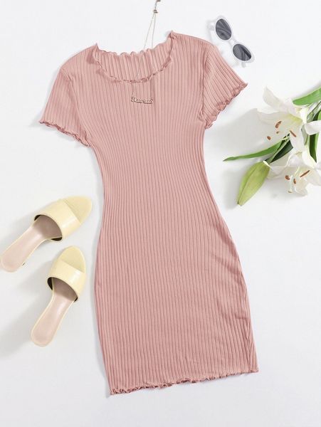

lettuce trim rib-knit bodycon dress p2om#, Black;gray