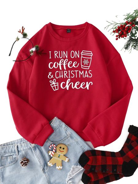 

christmas slogan & drink print thermal pullover u9dp#, Black