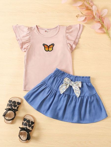 

toddler girls ruffle trim tee & bow front skirt she, White