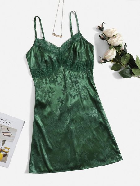 

lace trim jacquard satin cami dress o611#, Black;gray