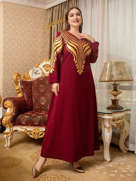 

plus gold print maxi dress 02av#, Black