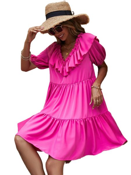 

solid ruffle trim tie back ruffle hem dress o44a#, Black;gray