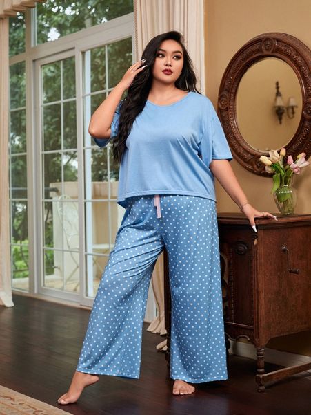 

plus drop shoulder tee & polka dot print pants pj set z8la#, Black;white