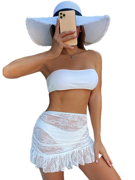

3pack ribbed bandeau bikini swimsuit with skirt p7eq#, White;black