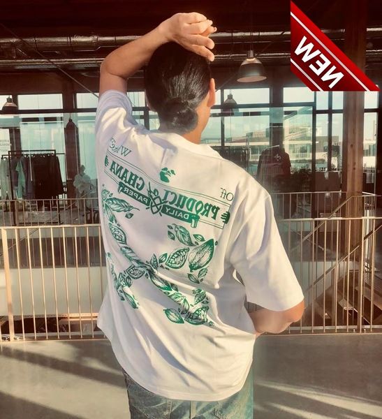 

50% off discount oversize ow off summer short t-shirt men's and women's green leaf half sleeve, White;black