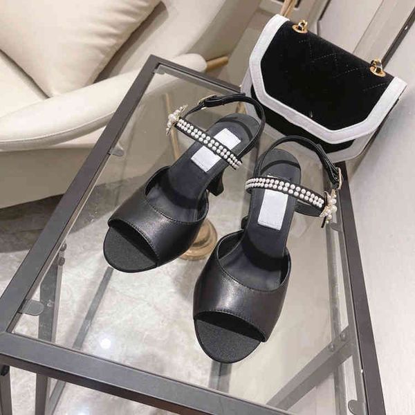 

2022 summer leather pearl buckle open toe thin heel fashion sandals versatile high heels, Black
