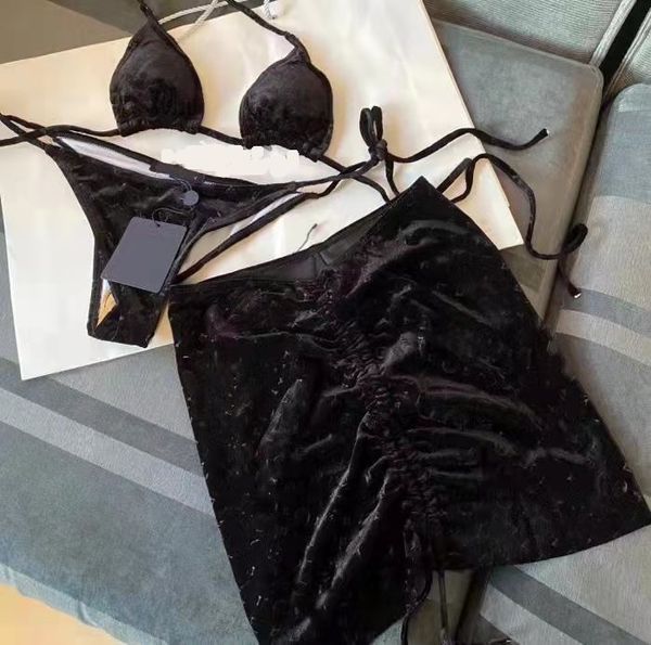 

classic letter velvet swimwears 3 piece set designer ladies bikini printed bathing suit outdoor summer beach swimming wear print ladies dres, White;black