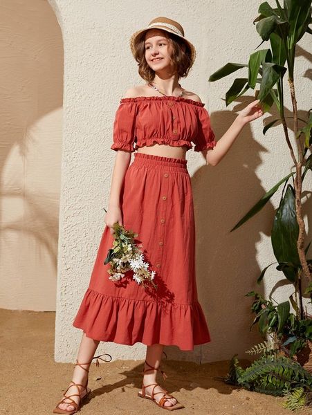 

teen girls off shoulder frill trim crop & paperbag waist skirt set she, White