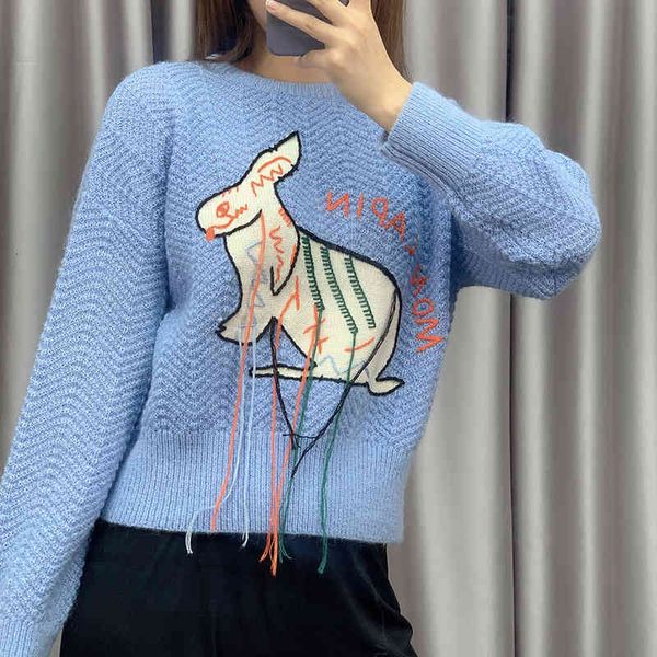 

women's knits & tees blue rabbit tassel sweater hand embroidered letter round neck long sleeved mohair women's blouse u2wo, White