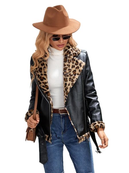 

contrast leopard zip up belted pu leather moto jacket m4de#, Black;brown