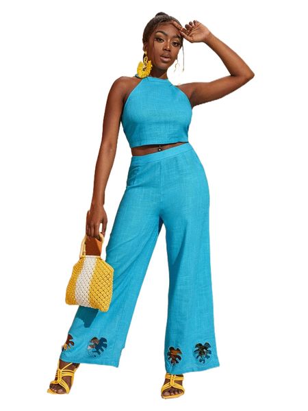 

sxy leaf embroidery cut out wide leg pants y2hr#, Black;white