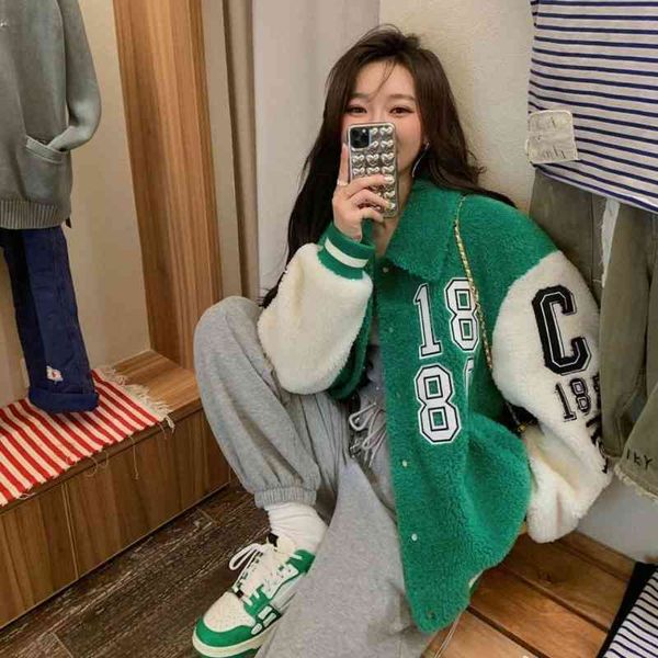 

lamb plush baseball suit 2021 autumn winter new versatile korean loose fluffy bf style jacket women's short coat fashion, Black;brown
