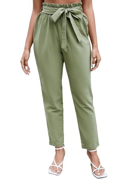 

paper bag waist roll hem belted pants e9ij#, Black;white