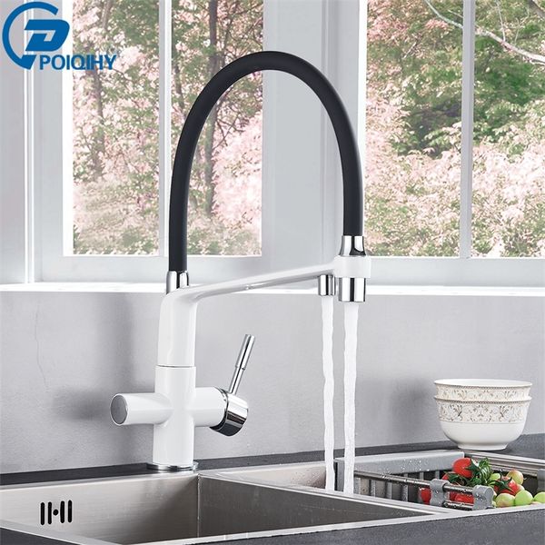 Poiqihy Pure Water Filter Filter Kitchen Faucet Brass 3 режимы вытягивают фильтрованные кухонные смесители с двойной ручкой горячее холодное микшер Tap T200810