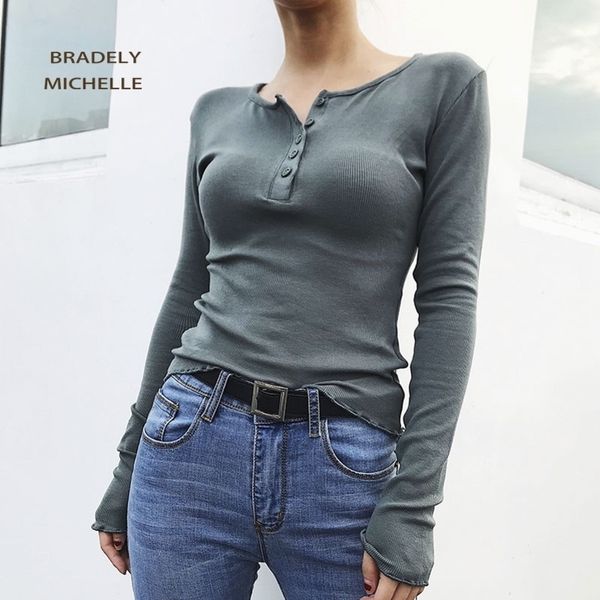 

bradely michelle autumn thin solid slim single breasted pullovers for office lady oneck longsleeve basic knitted female y200910, White;black