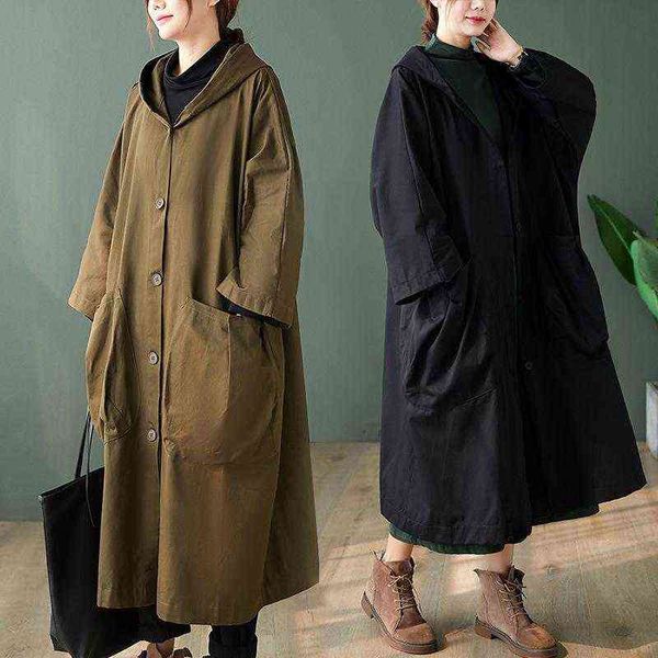 

women's trench coats women jacket coat outwear oversize hooded button pocket cardigan clothing loose overcoat autumn windbreaker 2021 t, Tan;black