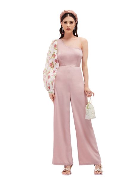 

floral one shoulder bishop sleeve jumpsuit q68y#, Black;white